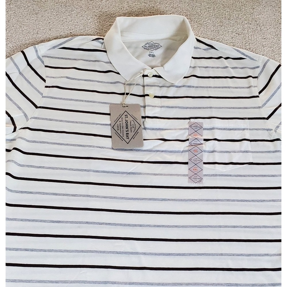 St‎ John's Bay Men's Polo Shirt Size XXL Cream W Gray Black Stripe NWTG
